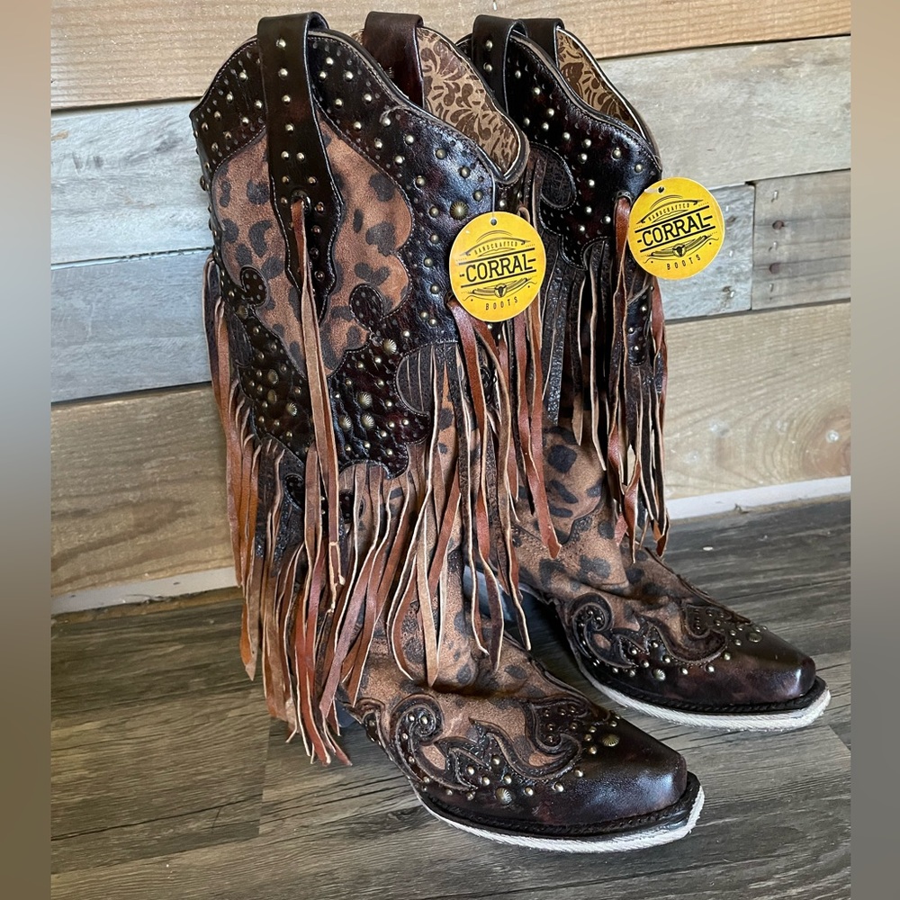 Corral leopard fringe boots NWT